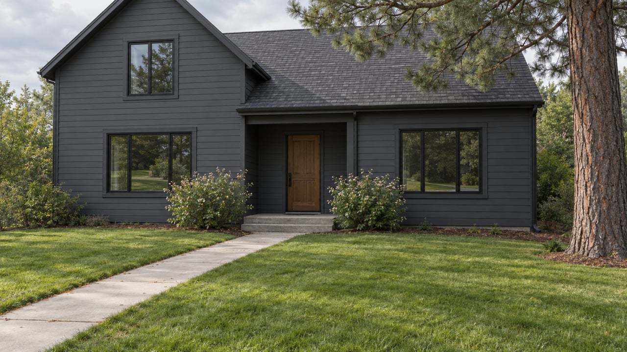 Two-story charcoal-sided house with a recessed timber door, concrete entry walk, broad lawn, and pine tree.