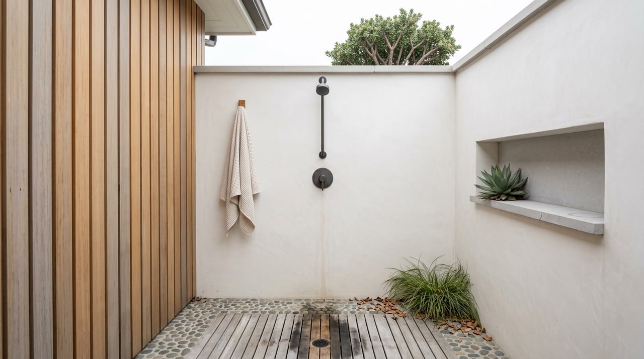 Outdoor shower with matte-black fixtures, teak grate, pebble floor, and a folded towel.