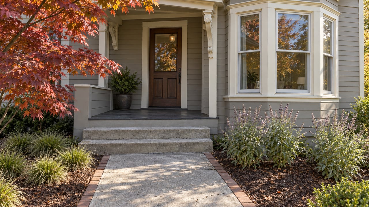 A wood-sided home with cream bay-window trim, a shaded entry porch, concrete garden steps, and a bronze-red Japanese maple.