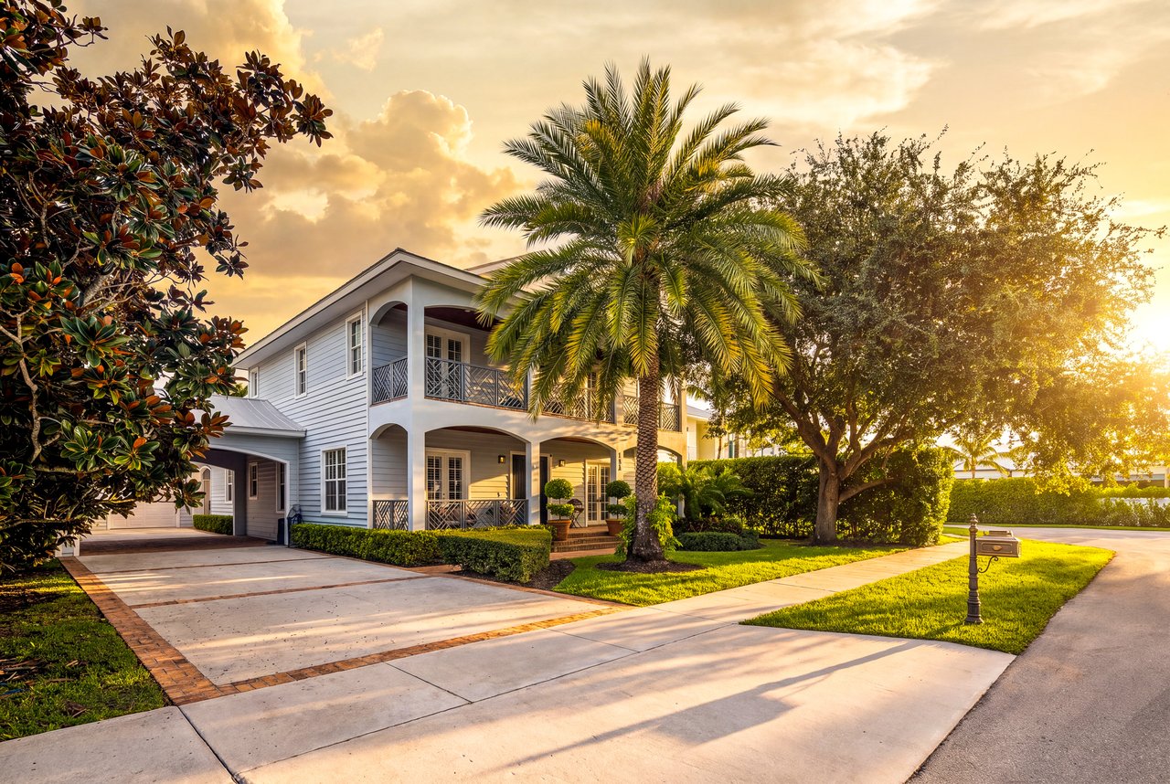 Two-story white home with wraparound balconies, a palm tree, and landscaped front yard at sunset.