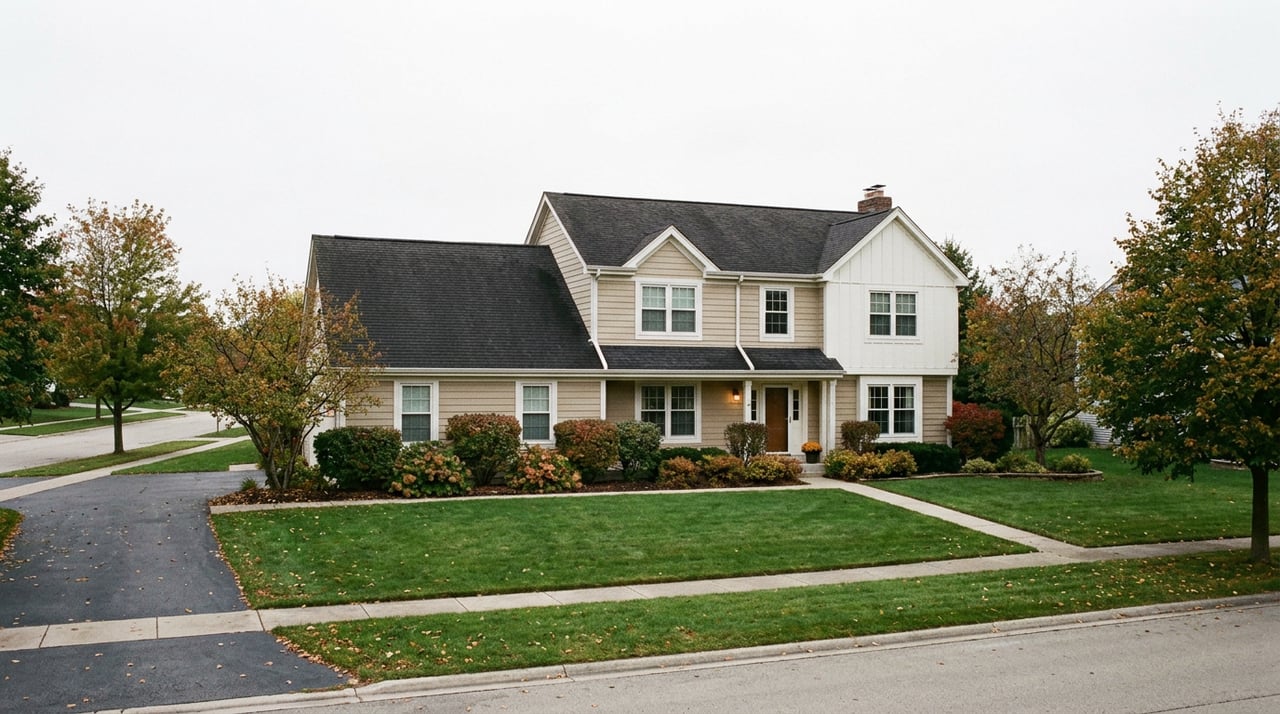 Two-story gray-sided home with a white garage, stone foundation, and orange-red maple in the front lawn.