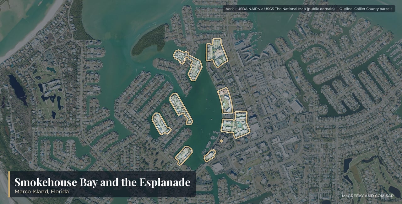Aerial view of Smokehouse Bay and the Esplanade on Marco Island, Florida, with the bayside marina