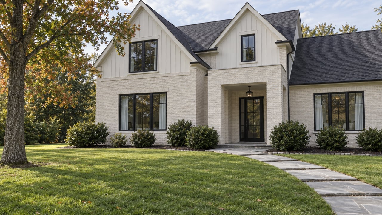An ivory brick and pale-sided gabled home with black-framed windows, a deep autumn lawn and a gray stone approach beneath a mature white oak.