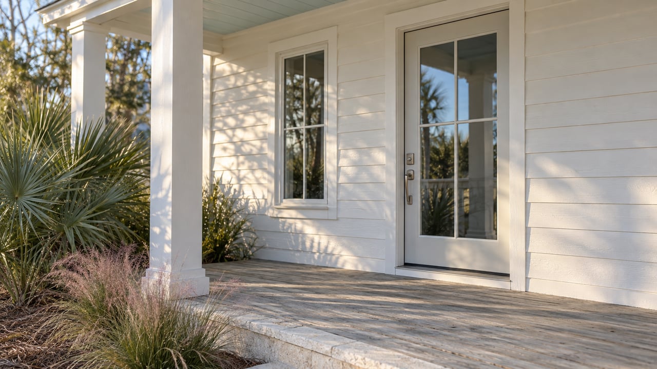 Coastal house entry with a glass-paneled door, narrow window, porch column, and silver-green fan palms beside the step.