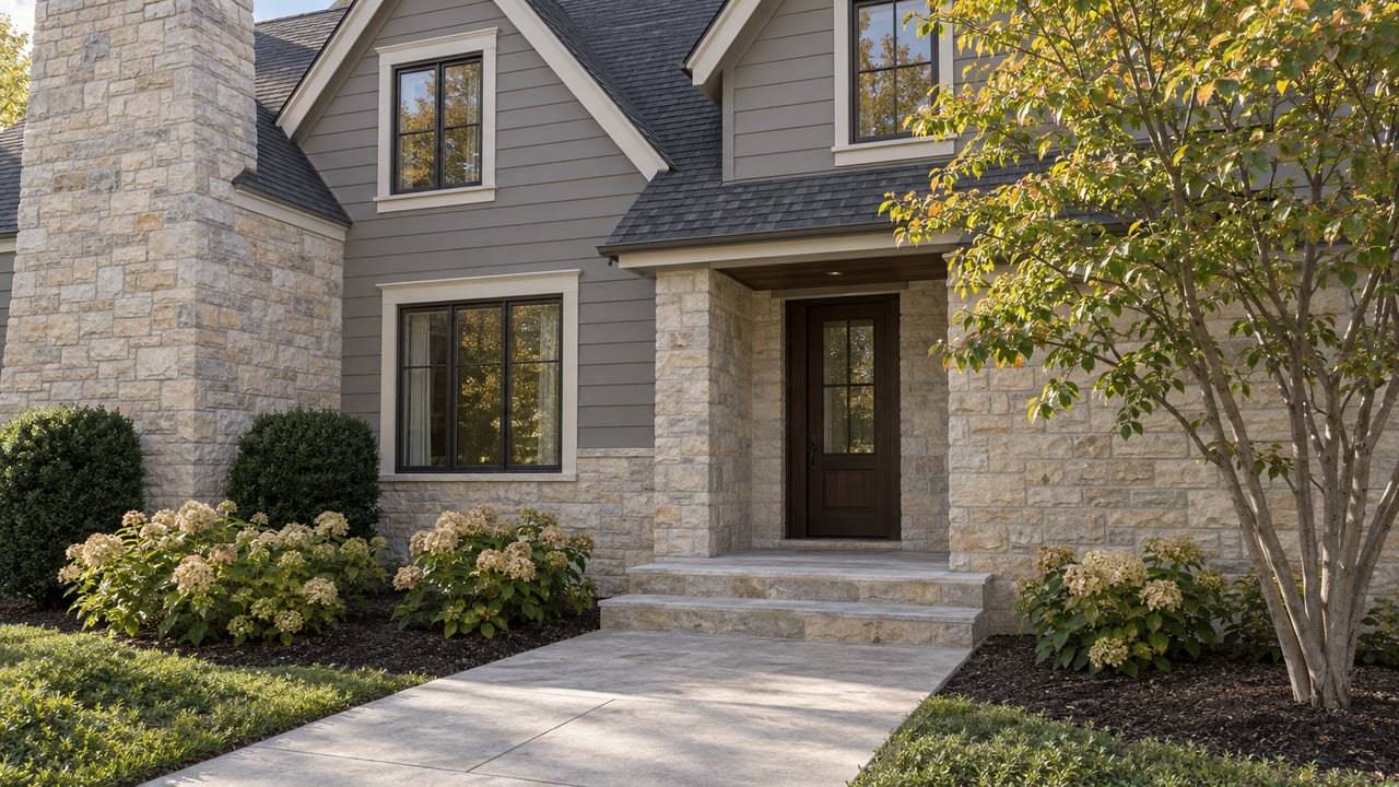 Three-quarter view of a charcoal-roofed home with limestone chimney, recessed timber entry, steps, and autumn planting.