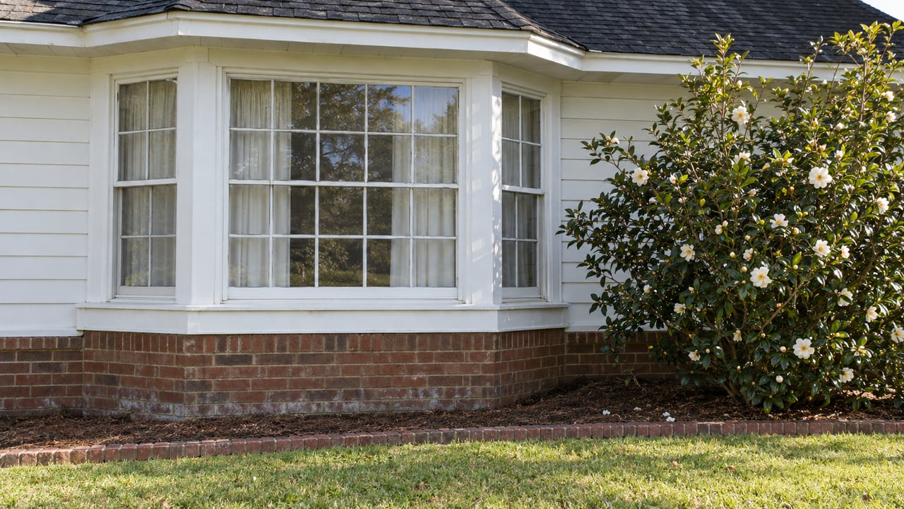 White clapboard single-story home with a divided-light window bay, brick foundation and white-flowering camellia beside a brick-edged garden bed.