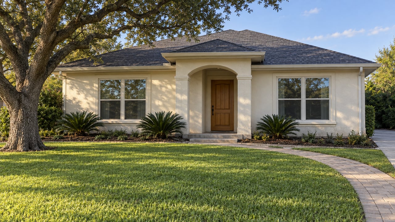 Cream stucco home with a shaded arched entry, broad green lawn and mature spreading oak in afternoon light.