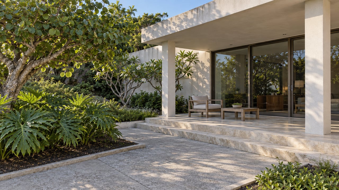 Ivory stucco home with a shaded limestone terrace, teak chair, and tropical garden beside a concrete approach.