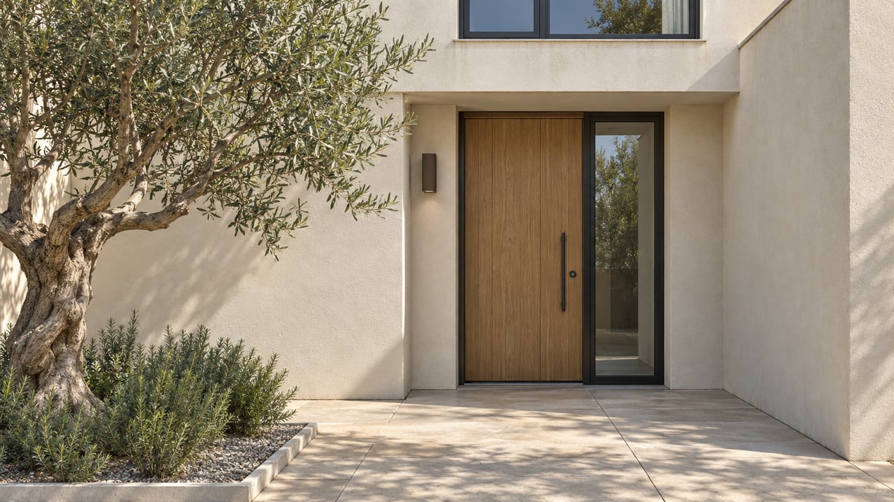 Contemporary townhouse entry with a recessed oak door, dark-framed windows, pale stucco, and a small olive tree.