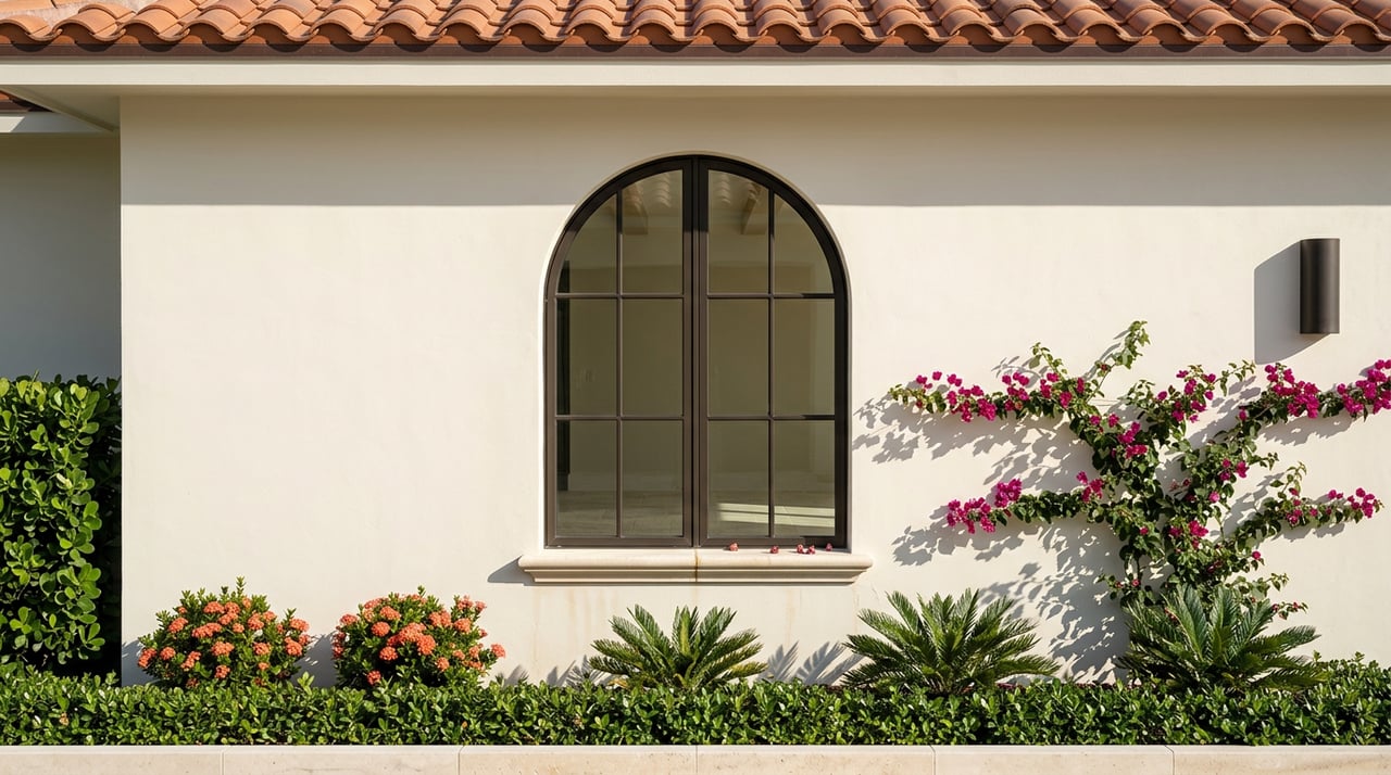 Ivory stucco facade with a bronze-framed arched window, bougainvillea, coral flowers, and terracotta roof edge.