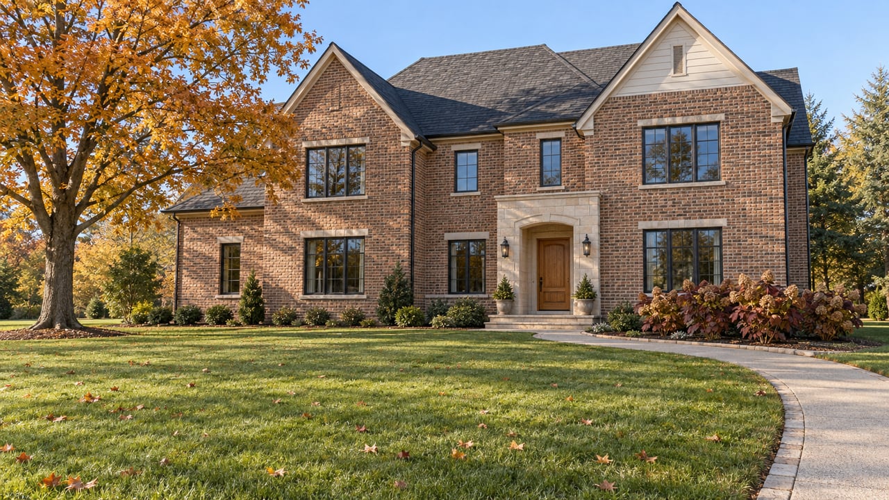 A substantial brick home with limestone entry details, a deep autumn lawn and an amber maple tree.