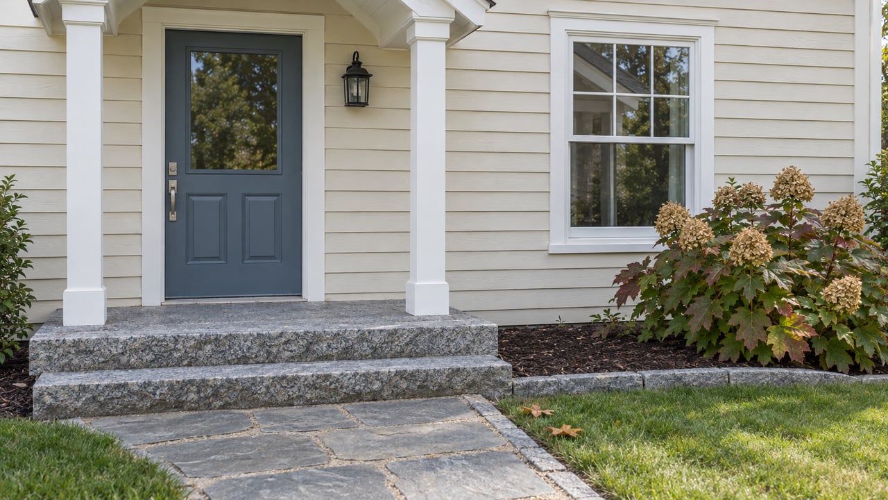 Ivory clapboard house entry with a slate-blue door, white-trimmed window, granite steps and autumn oakleaf hydrangea.