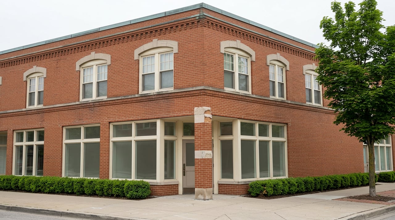 Two-story red-orange brick corner building with storefront windows, a recessed door, and clipped boxwood shrubs.