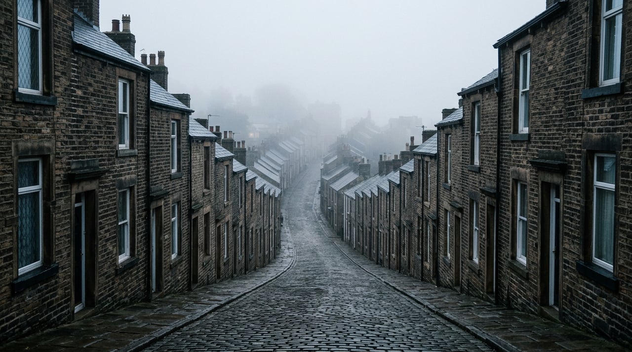 Attached Victorian and Edwardian rowhouses recede downhill along a steep street into morning fog.