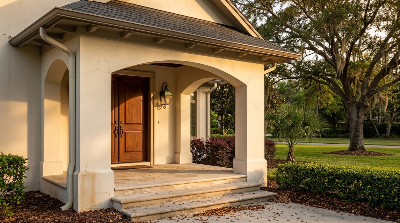 Ivory stucco arched entry with mahogany doors, stone steps, and a mature oak draped with Spanish moss.