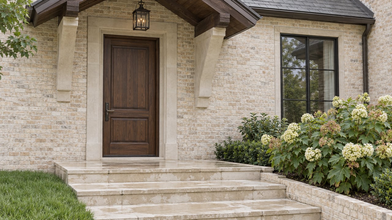 Recessed walnut entry door in a pale brick home, beside a tall black-framed window and damp limestone steps.