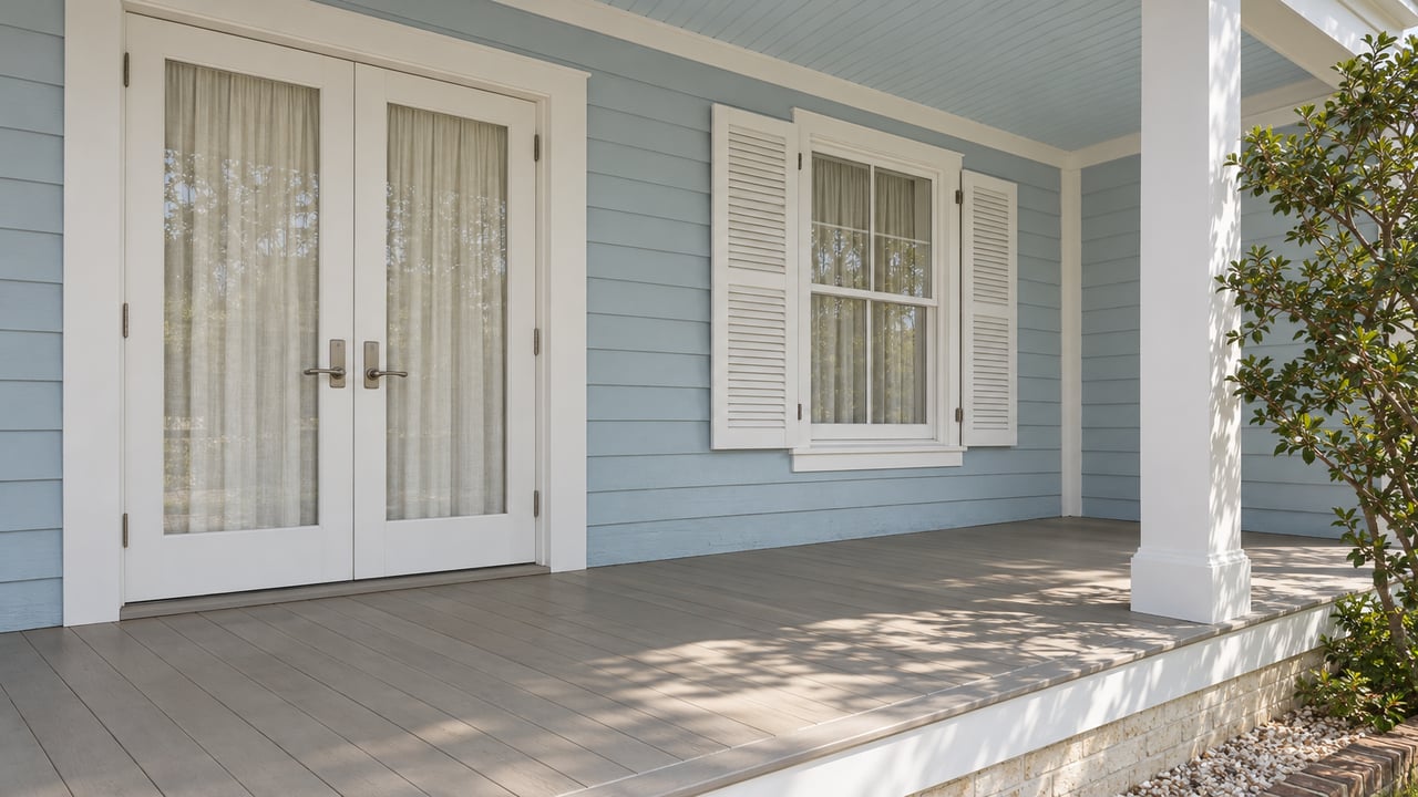 Pale blue clapboard cottage entry with white glazed doors, paired shutters, and a sunlit painted timber porch.