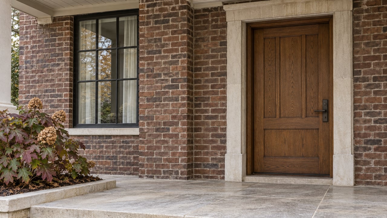 Brick home entrance with a dark wood front door, stone surround, black-framed window, and autumn shrubs.