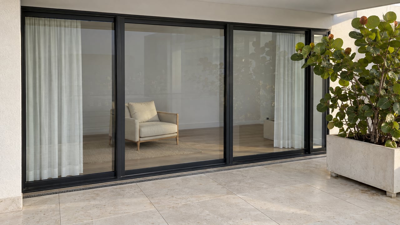 A shaded limestone terrace beside dark-framed apartment glazing, with a sea grape in a concrete planter and a cream chair visible indoors.