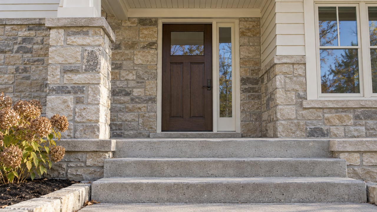 Autumn light on a covered home entry with limestone walls, ivory siding, an oak door and broad concrete steps.