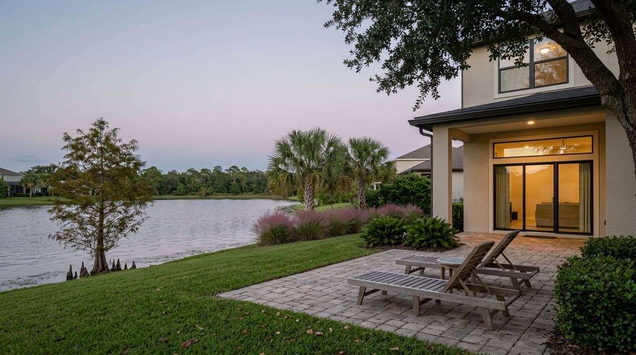 Stucco home overlooking a lake at dusk from its backyard.