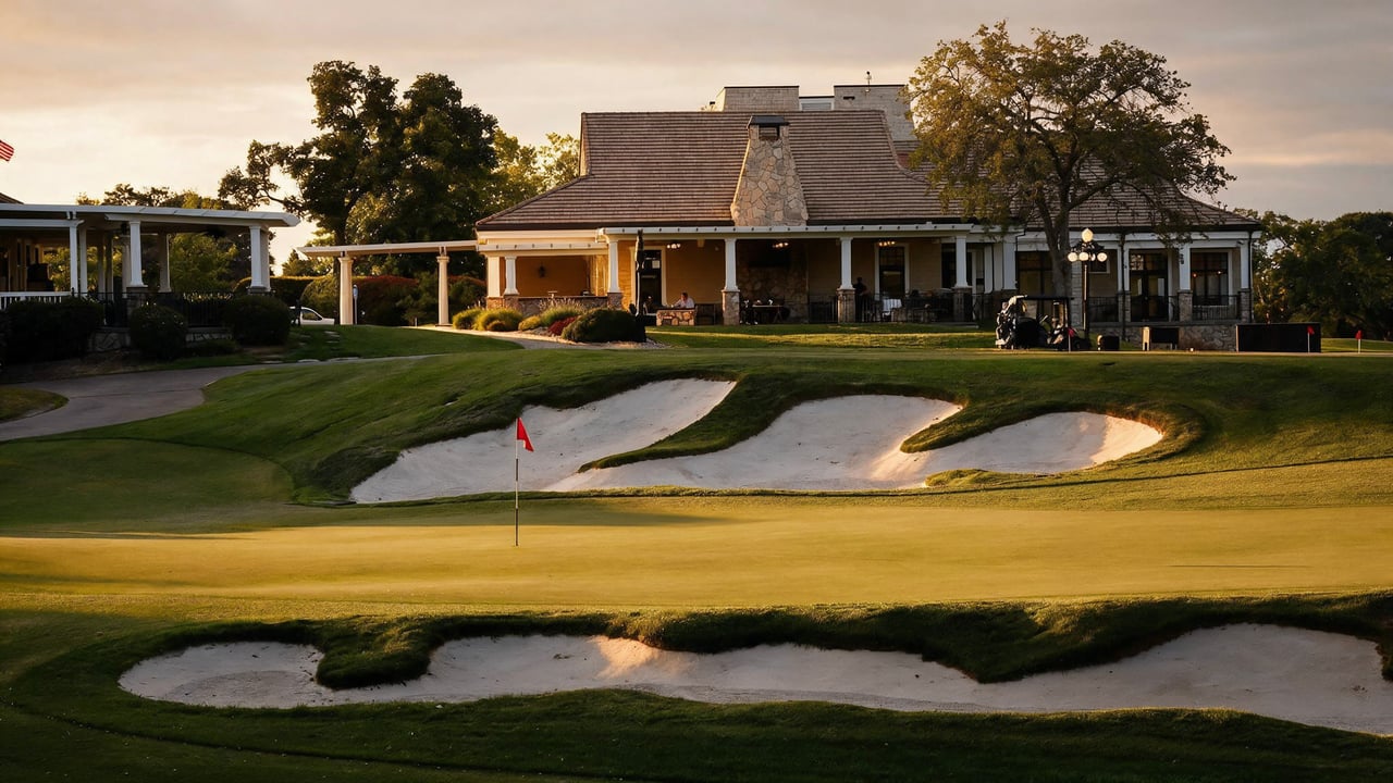 Golf course green and sand bunkers in front of a stone clubhouse at golden hour.