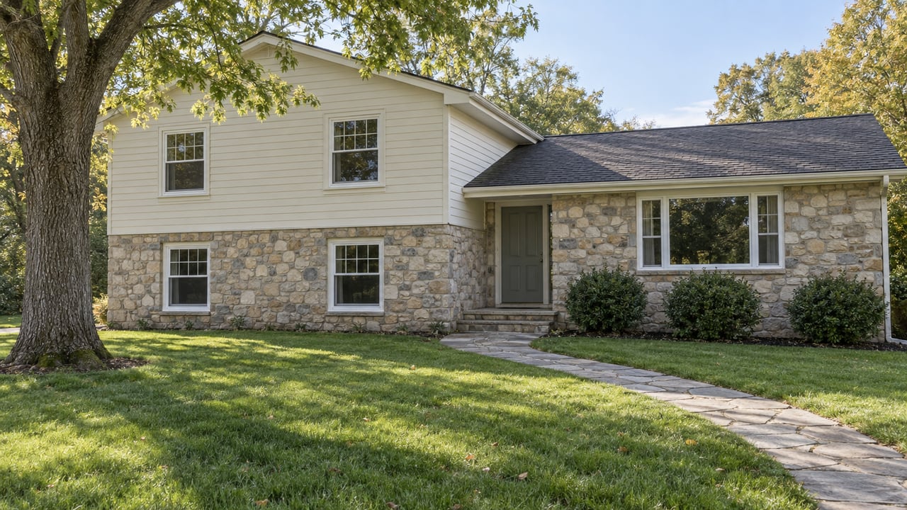 Older split-level house with fieldstone lower facade, ivory clapboard upper story, and curving flagstone walk across the lawn.