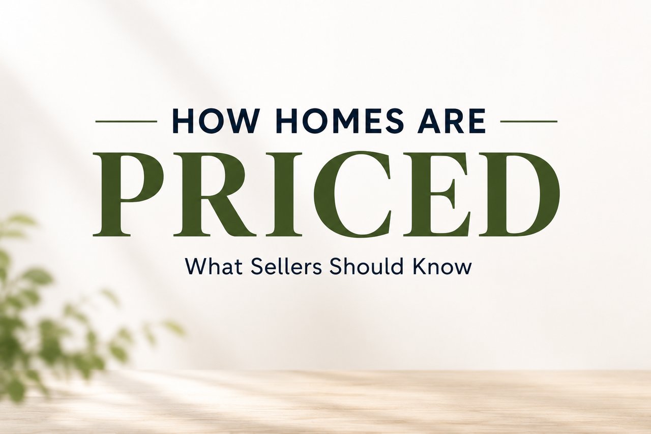 Modern real estate graphic illustrating the home pricing process in Pullman, Washington using market analysis, comparable sales, and valuation concepts.