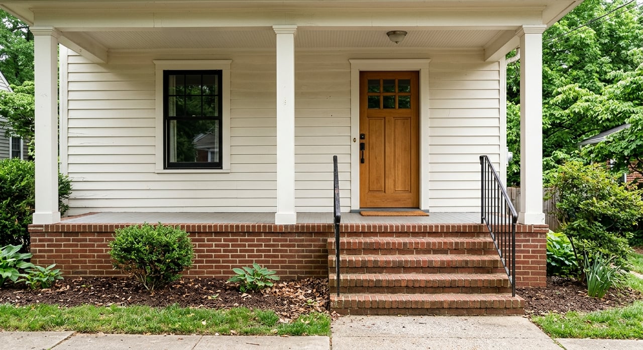 Clapboard porch with brick steps, columns, handrail, window, and maple canopy above a short walk.