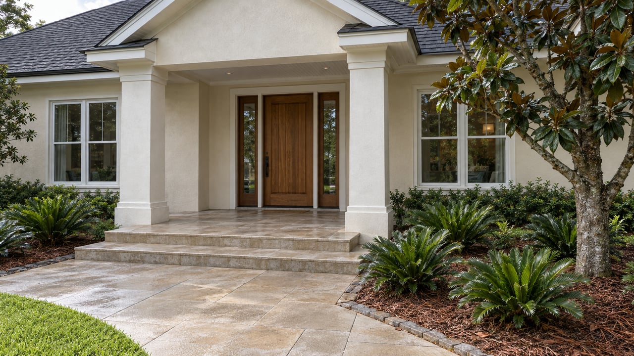 Cream stucco home with a sheltered wood entry, charcoal gables, damp pale paver steps and glossy magnolia foliage.