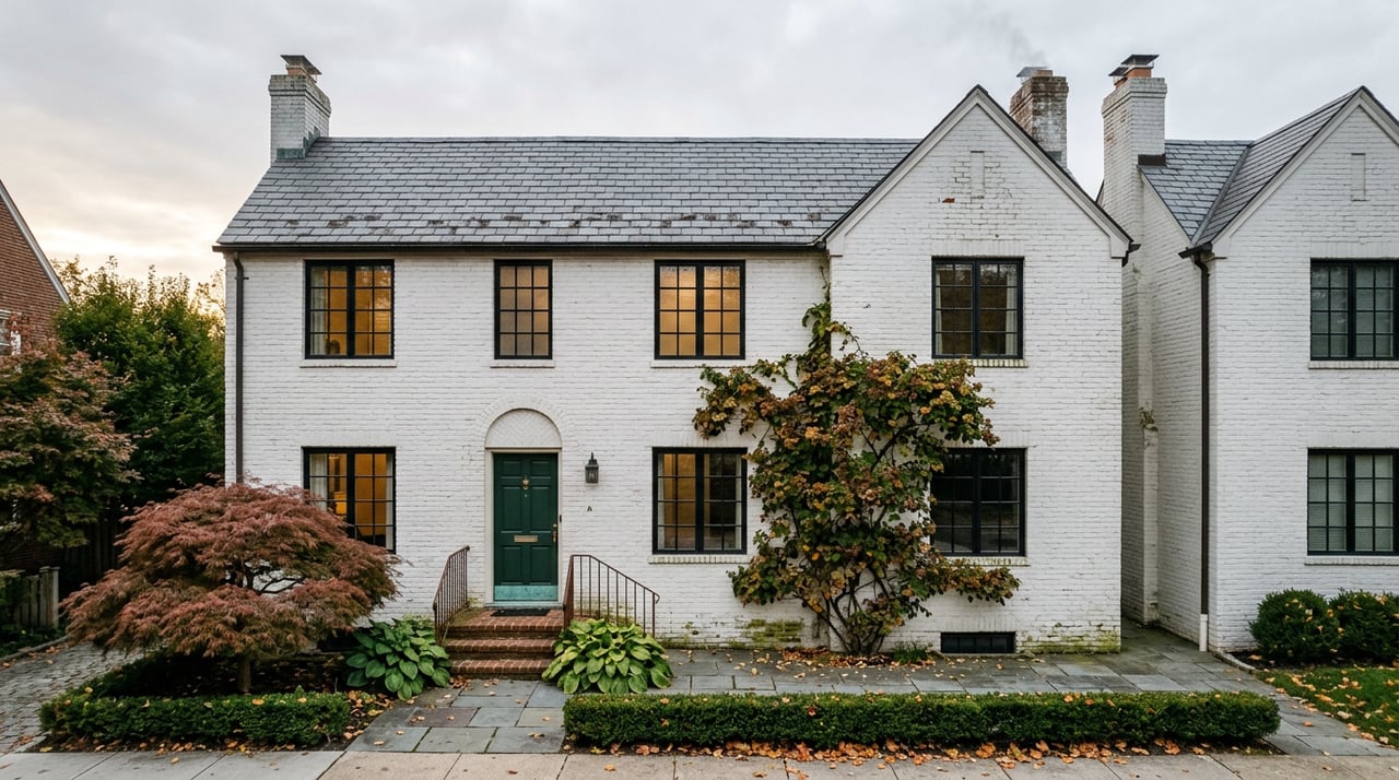 Paired white-brick twin homes with slate gables, black-framed windows, and a green entry door beside a bluestone forecourt.