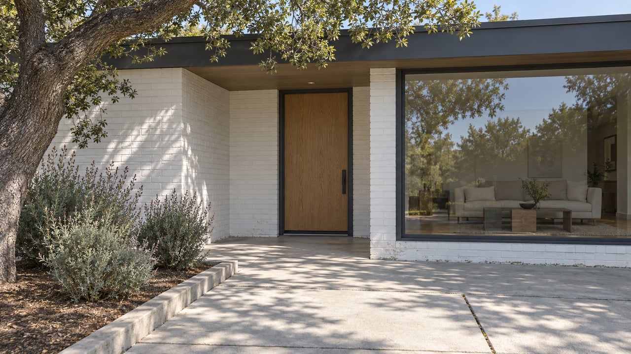Sunlit painted-brick home with a recessed oak door, dark-framed picture window and mature oak beside a concrete approach.