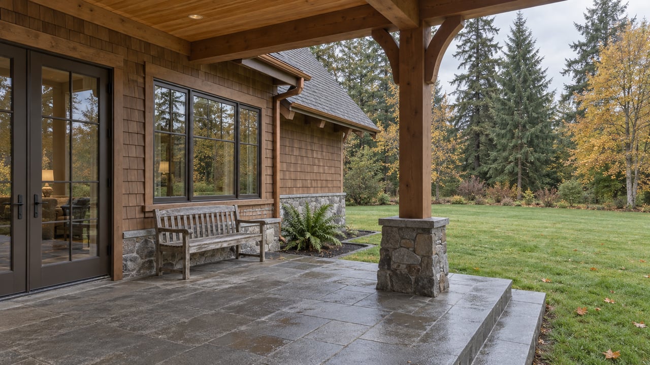 Covered timber terrace beside a cedar-clad home, with stone paving overlooking a damp autumn lawn and mature trees.