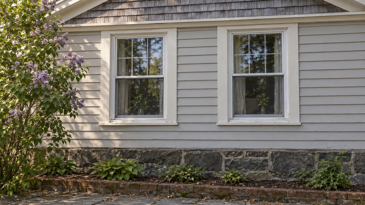 Two adjacent wood windows in a weathered gray clapboard facade above a dark stone foundation and brick-edged garden bed.