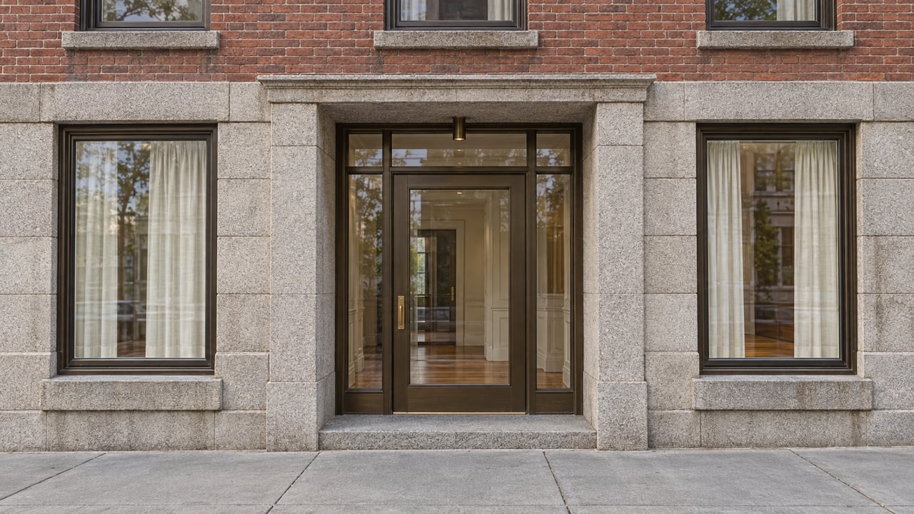 A bronze-framed glass residential entrance set into weathered granite and red brick, with tall windows and a broad concrete sidewalk.