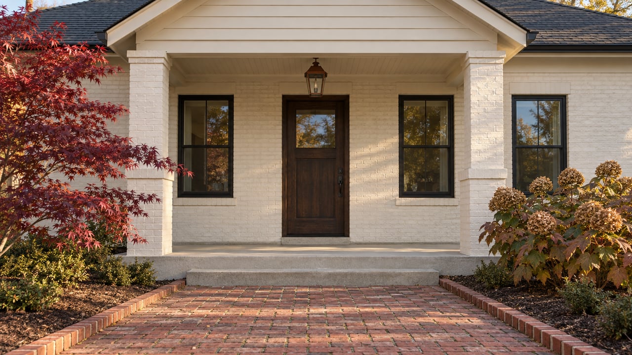 Warm afternoon light on a painted-brick home's covered porch, oak entry door, brick walk, and autumn maple foliage.