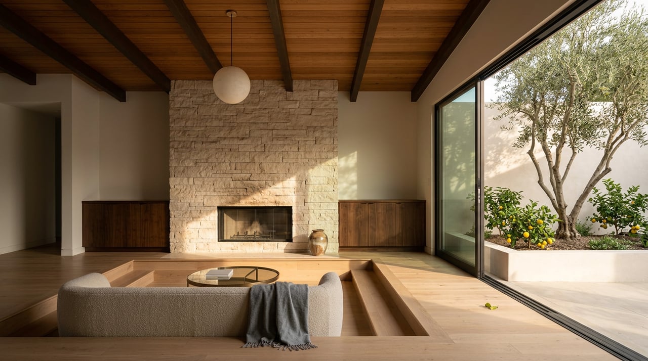 Sunken great room with a travertine fireplace, oak floor, and olive tree outside the glass wall.