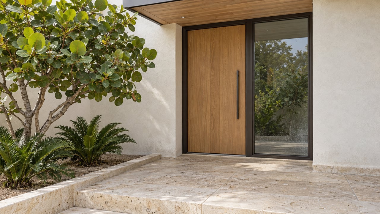 Sheltered warm-white stucco entrance with an oak door, bronze-framed sidelight, shell-limestone landing, sea grape tree and coonties.