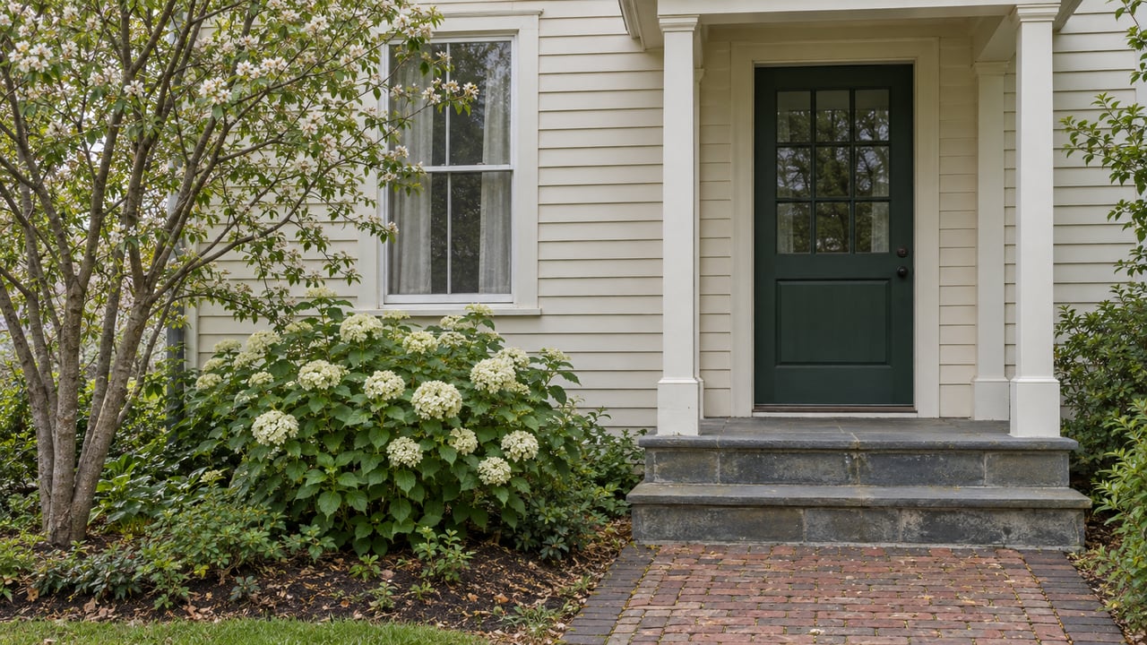 Cream clapboard village house with a green glazed door, bluestone steps, brick walk, and small flowering tree.