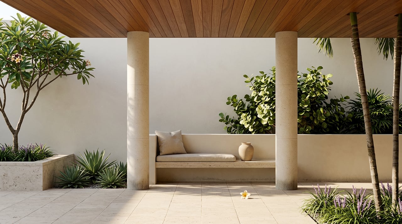 Covered terrace with limestone columns, built-in travertine bench, tropical plants, and a fallen plumeria petal.