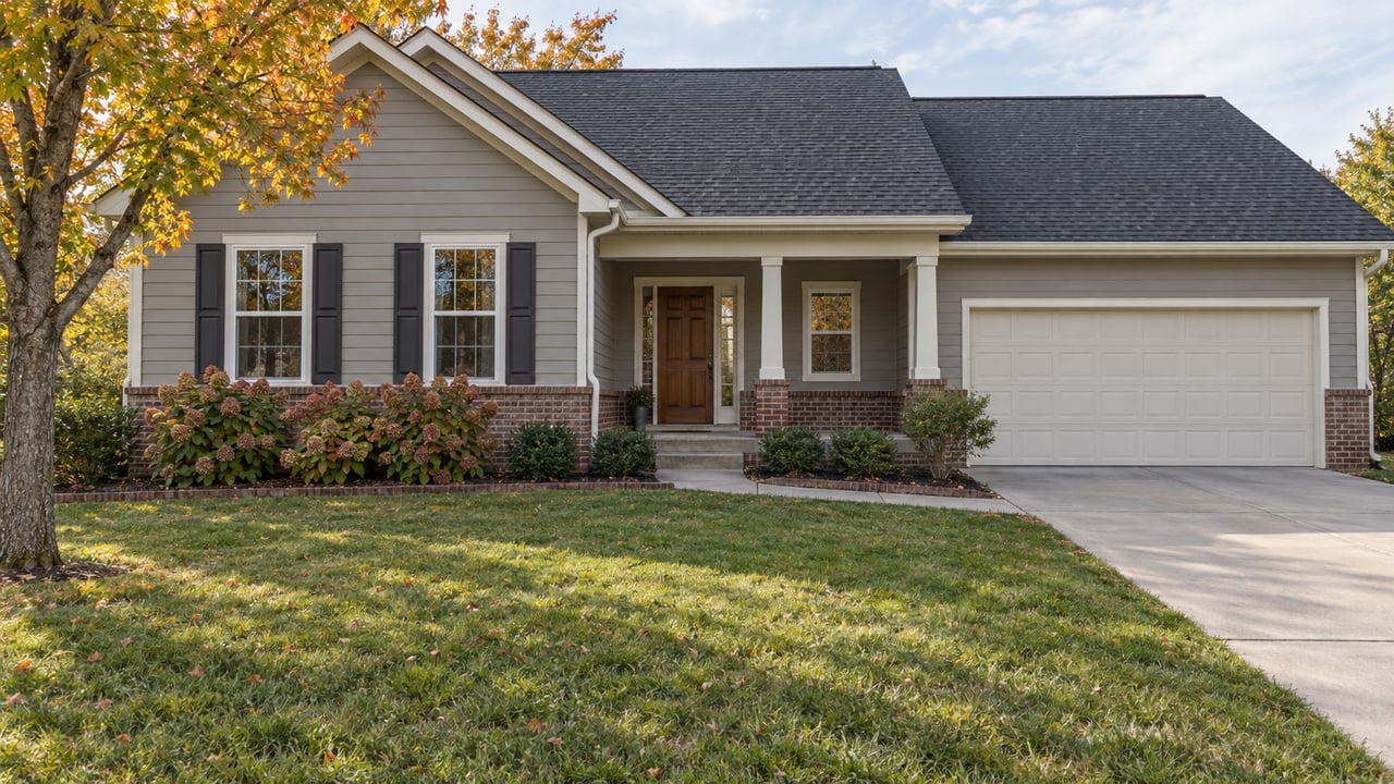 Gabled siding-and-brick home with a covered entry, attached garage, and deep autumn lawn.