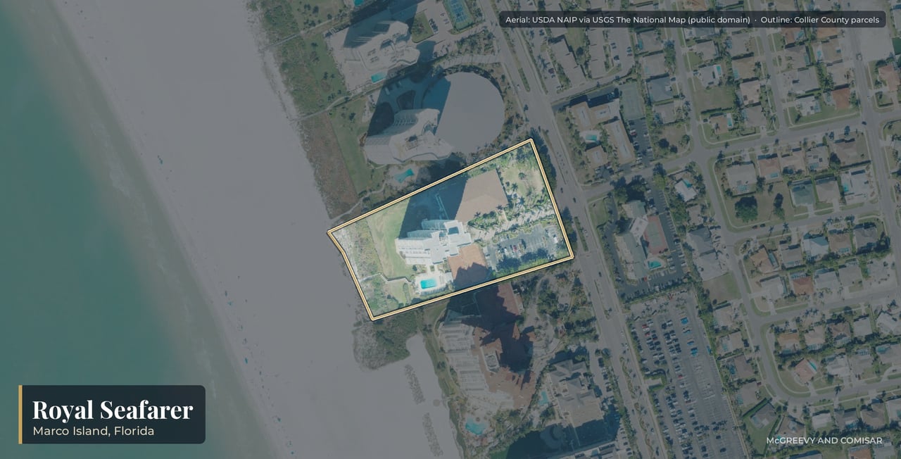 Aerial view of Royal Seafarer on Marco Island, Florida, the 22-story beachfront tower at 300 South Collier Boulevard on Crescent Beach