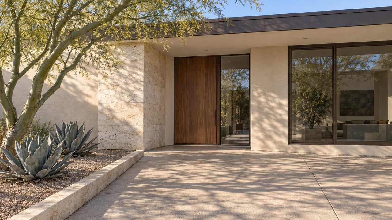 Sunlit limestone and pale stucco entry with a walnut door, bronze-framed glazing and a sculptural blue palo verde beside a concrete approach.