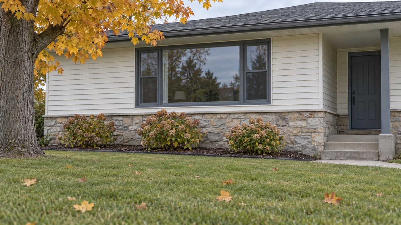 Autumn lawn and a sugar maple beside an off-white split-level home with limestone foundation and a recessed blue-gray entry.