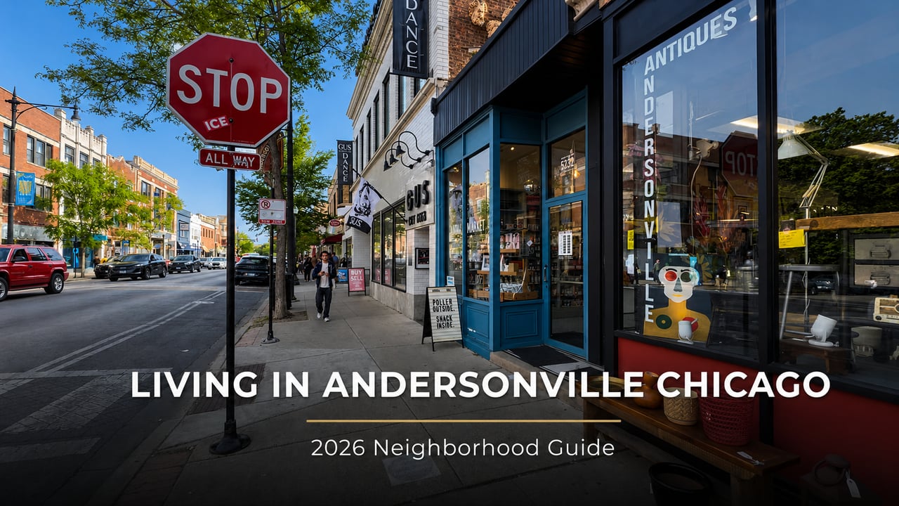 Clark Street in Andersonville Chicago with independent boutiques antique shops and dance studio on a sunny summer day