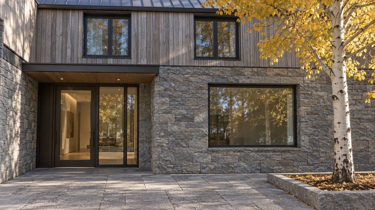 Modern stone-and-wood home with a paved terrace and golden autumn birch tree.