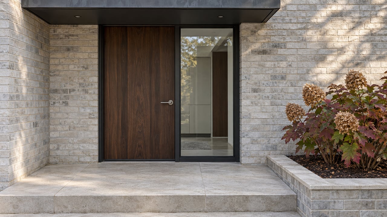 Sheltered walnut front door with a glass sidelight, pale gray brick, limestone steps and an autumn oakleaf hydrangea.
