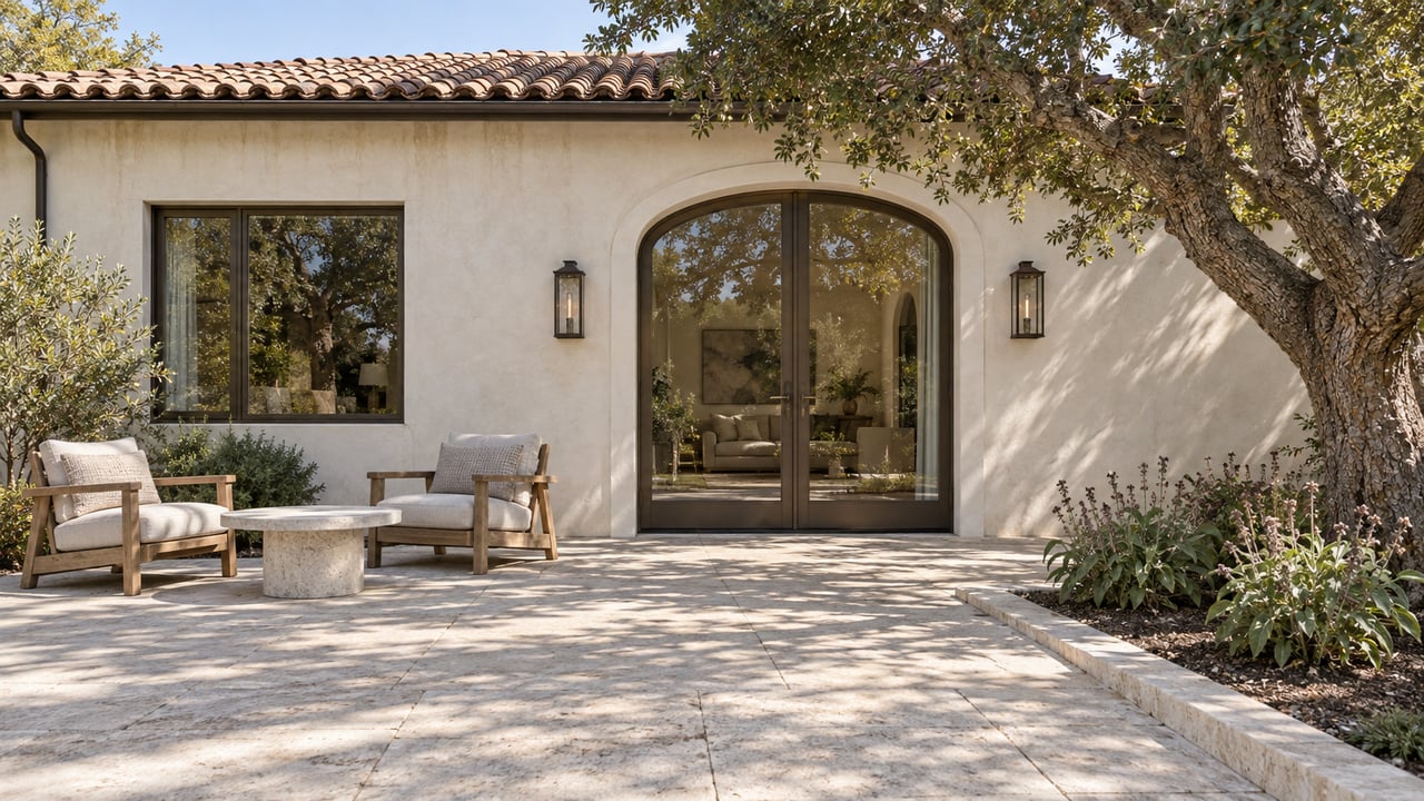 Stucco home patio with arched glass doors, cushioned chairs, and a large shade tree.