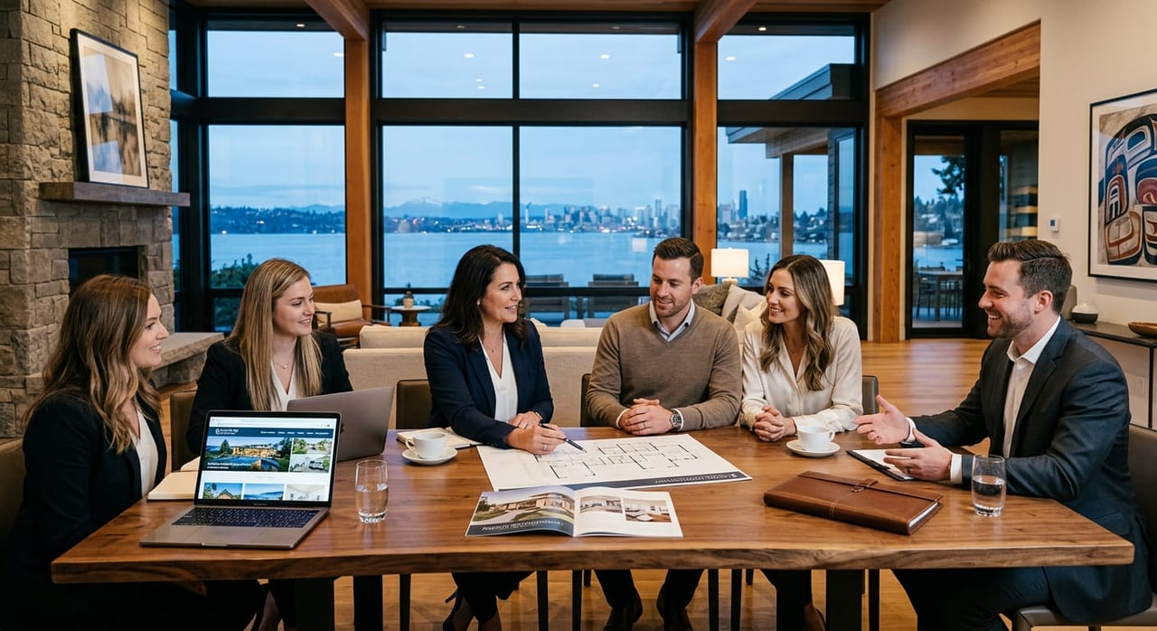 Luxury real estate team meeting with clients inside an Eastside home