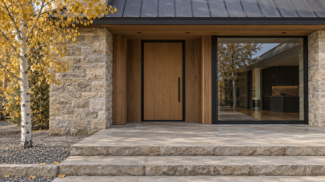 Contemporary home's recessed oak entry, limestone walls and broad stone steps beside a golden-leaved aspen.